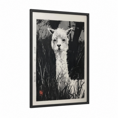 Woodland Alpaca framed art print — black wood frame — black and white palette