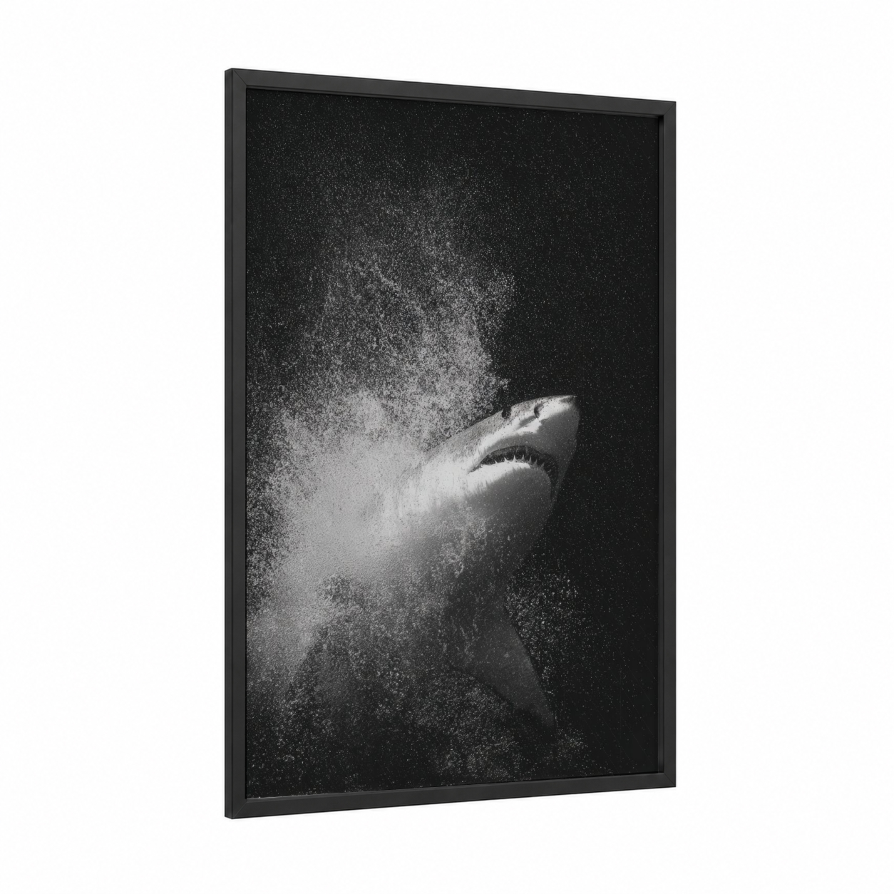 Explosive Shark framed bull shark print — black wood frame — black and white palette
