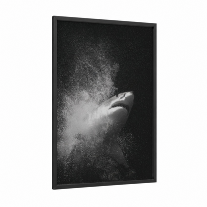 Explosive Shark framed bull shark print — black wood frame — black and white palette