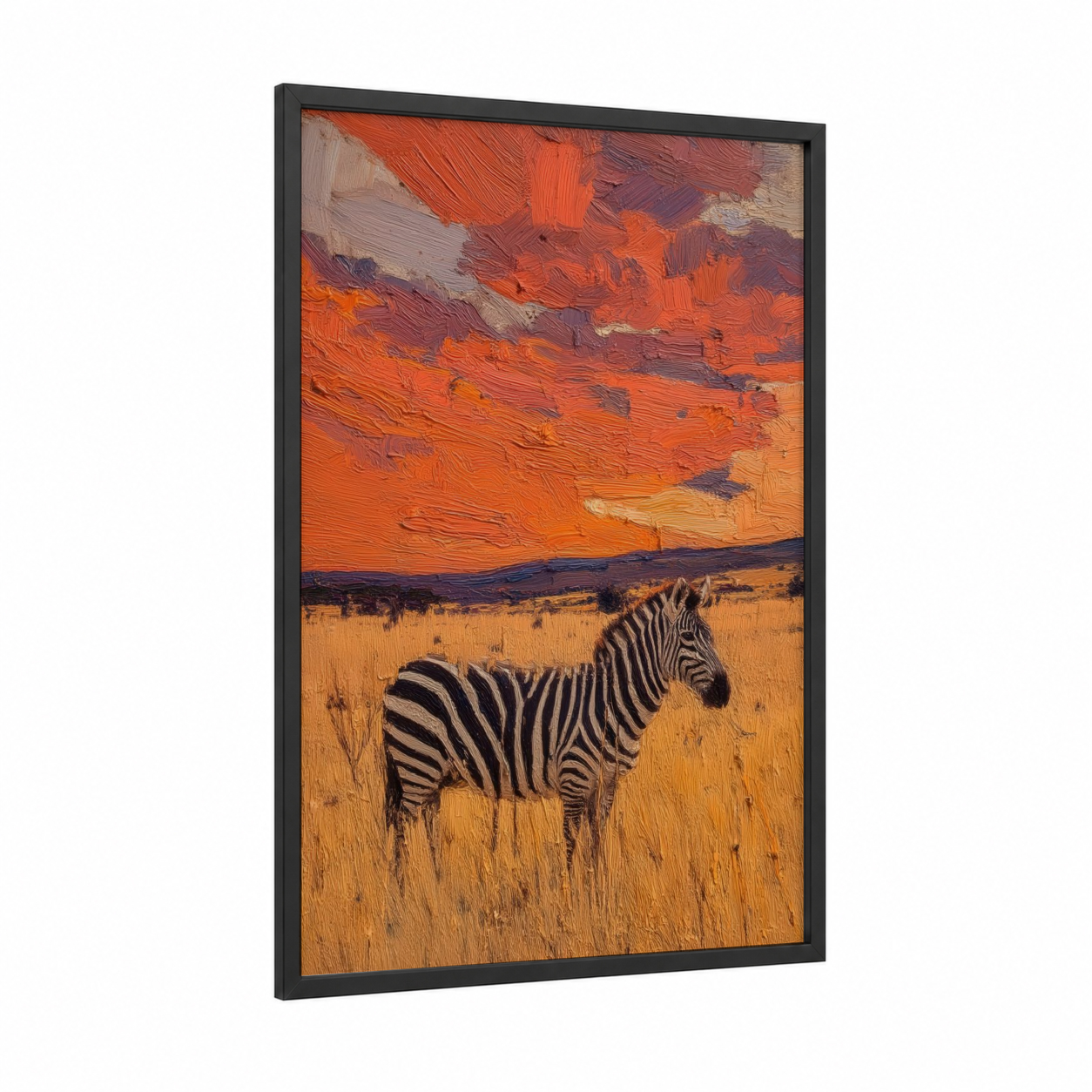 Savanna Zebra framed art print — black wood frame — orange and gold palette
