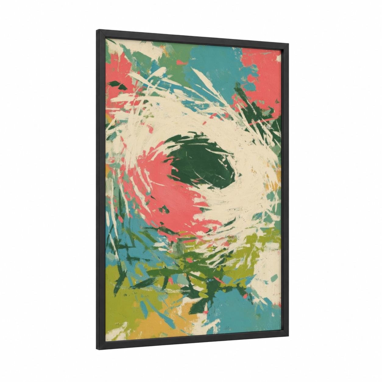 Vibrant Easter Wreath framed art print — black wood frame — red and green palette