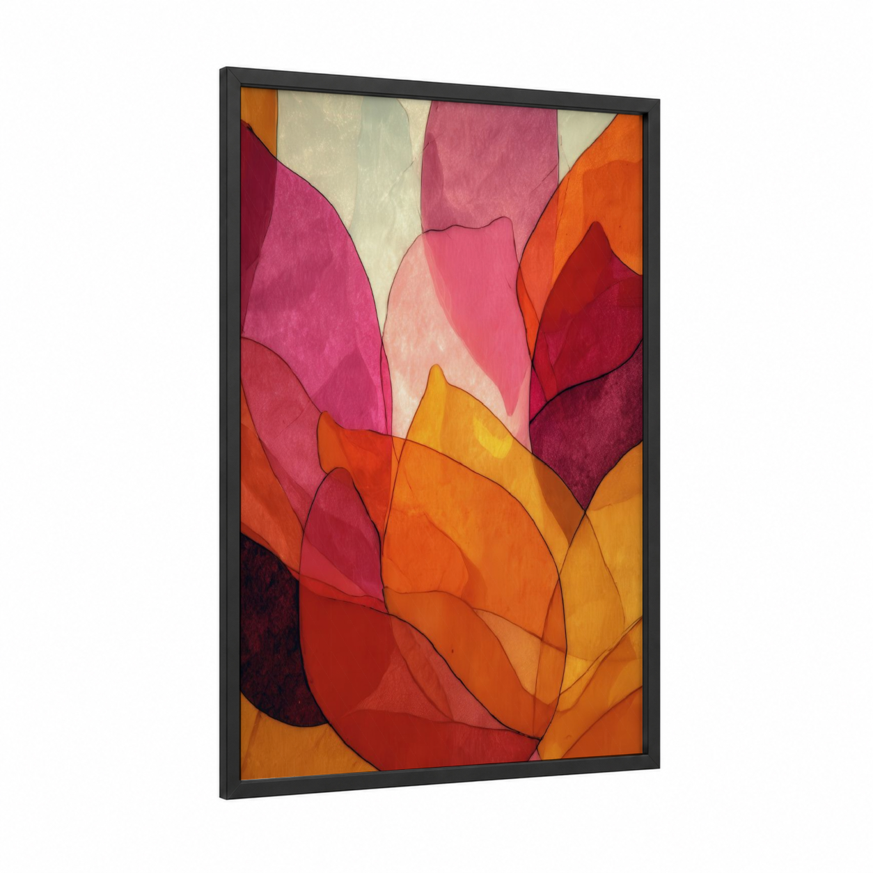 Vibrant Lotus Petals framed art print — black wood frame — magenta and orange palette