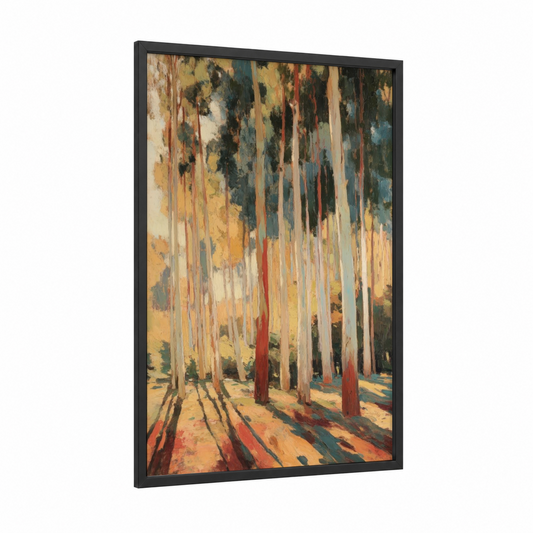 Sunlit Eucalyptus framed eucalyptus forest print — black wood frame — gold and teal palette