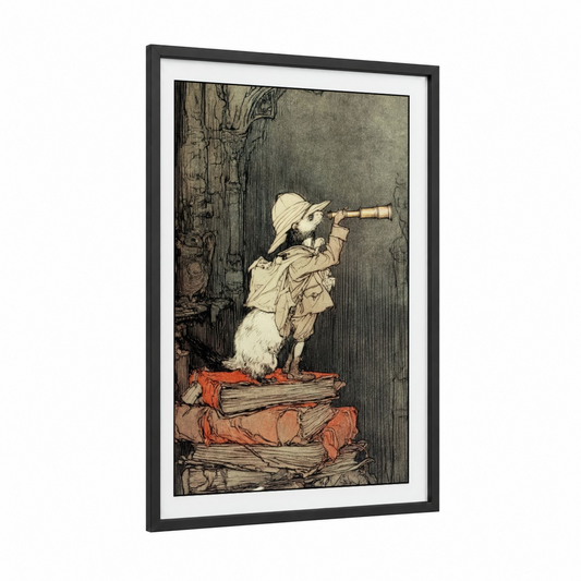 Adventuring Ferret framed art print — black wood frame — cream and russet palette