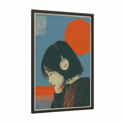 Y2K Listener framed japanese y2k print — black wood frame — blue and orange palette