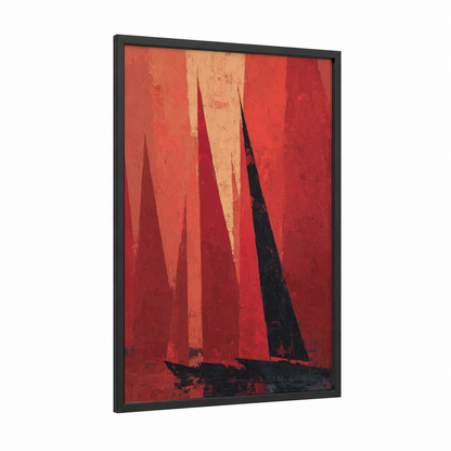 Crimson Sailboat framed sailing print — black wood frame — red and cream palette