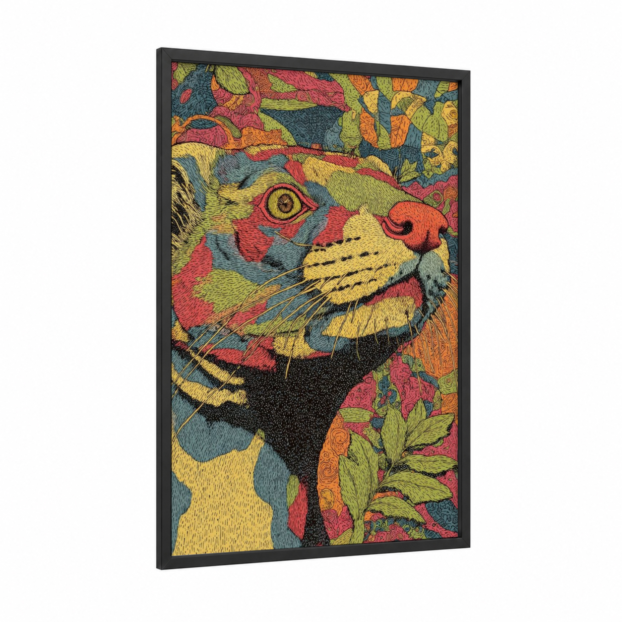 Colorful Weasel framed art print — black wood frame — gold and magenta palette