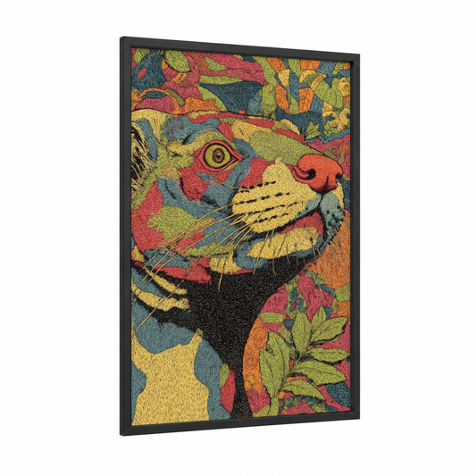 Colorful Weasel framed art print — black wood frame — gold and magenta palette