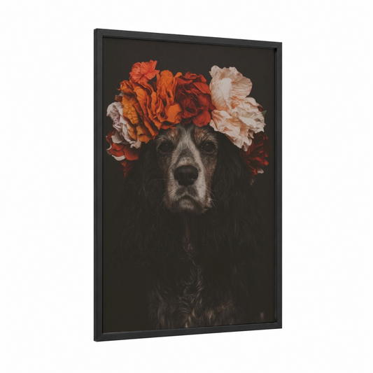 Floral Spaniel framed art print — black wood frame — orange and black palette