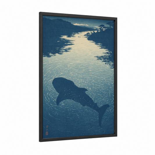 Moonlit Whale Shark framed art print — black wood frame — blue and white and dark blue palette