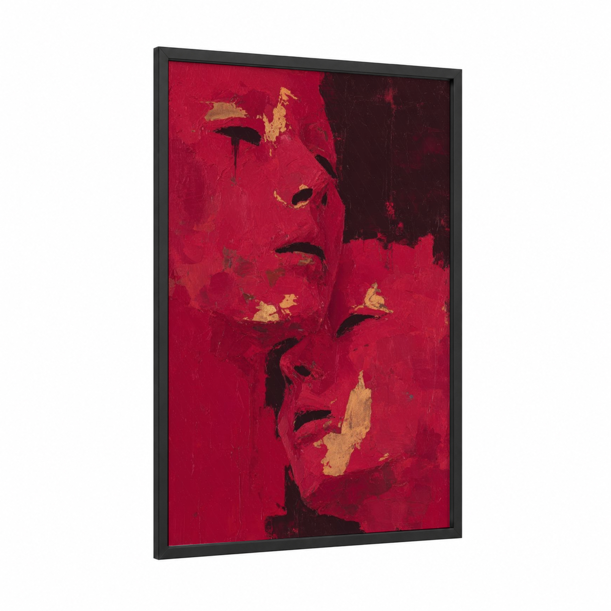 Crimson Theater Faces framed art print — black wood frame — red and gold palette