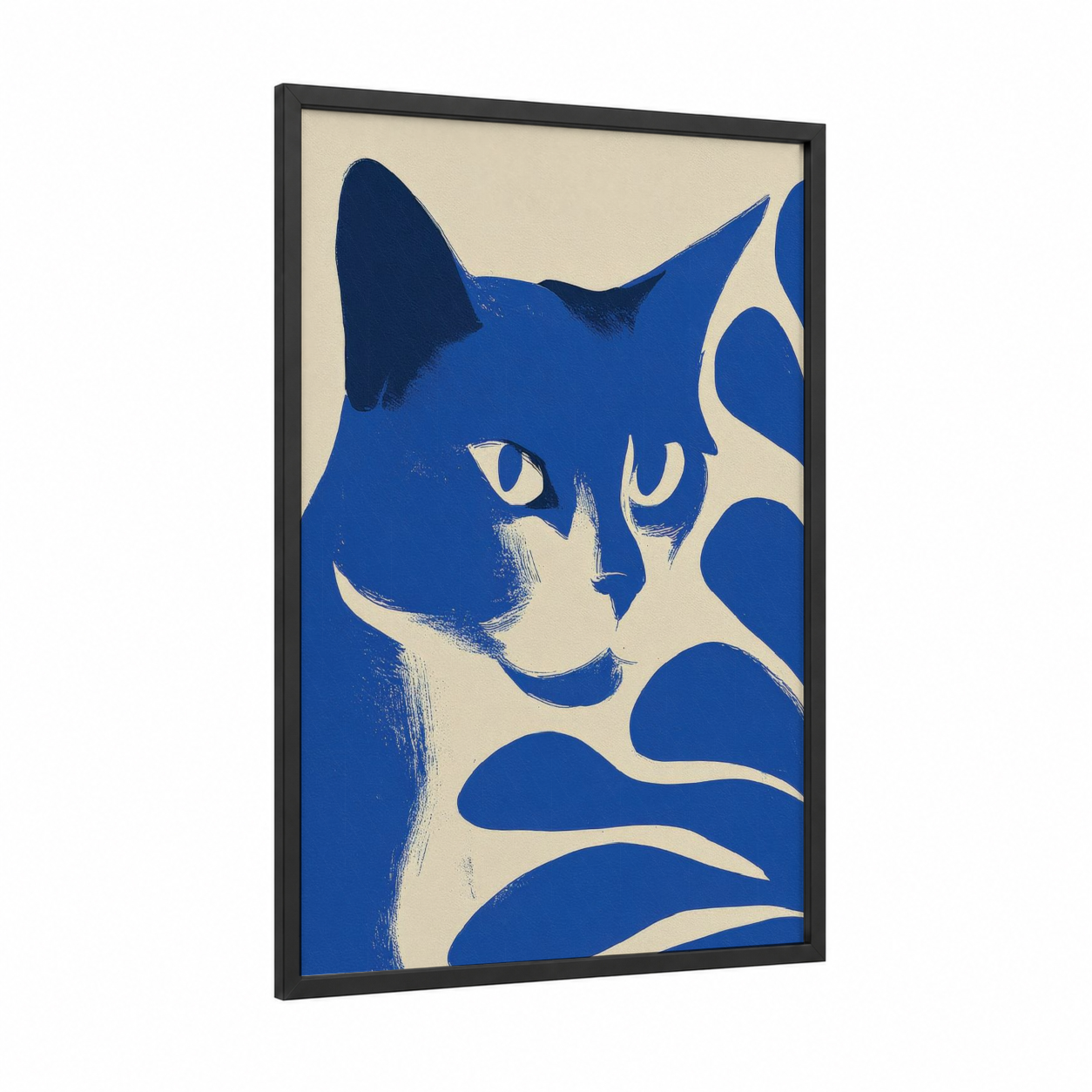 Blue Cat Portrait framed art print — black wood frame — blue and cream palette