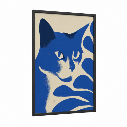 Blue Cat Portrait framed art print — black wood frame — blue and cream palette
