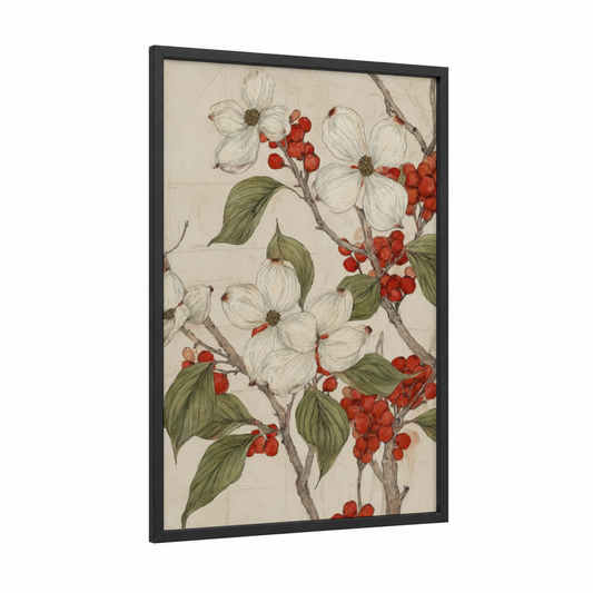 Red Berry Dogwood framed art print — black wood frame — cream and red palette