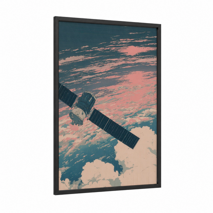 Orbital Sunset framed satellite print — black wood frame — salmon pink and teal palette