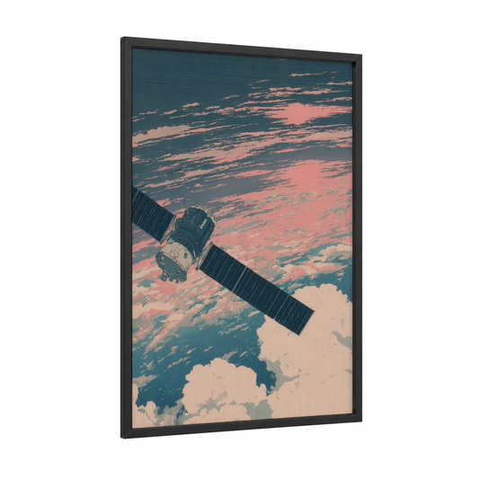 Orbital Sunset framed satellite print — black wood frame — salmon pink and teal palette