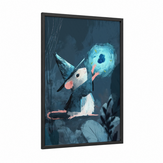 Dreamer Hamster framed art print — black wood frame — blue and white palette