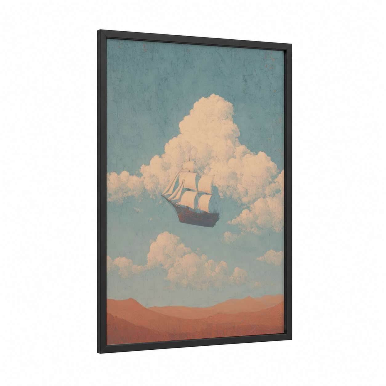 Clouded Voyage framed old ships print — black wood frame — blue and peach palette