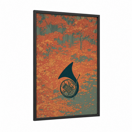 Autumn Horn framed french horn print — black wood frame — orange and dark green palette
