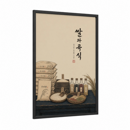 Korean Rice and Grain Still Life Wall Art framed art print — black wood frame — beige and cream palette