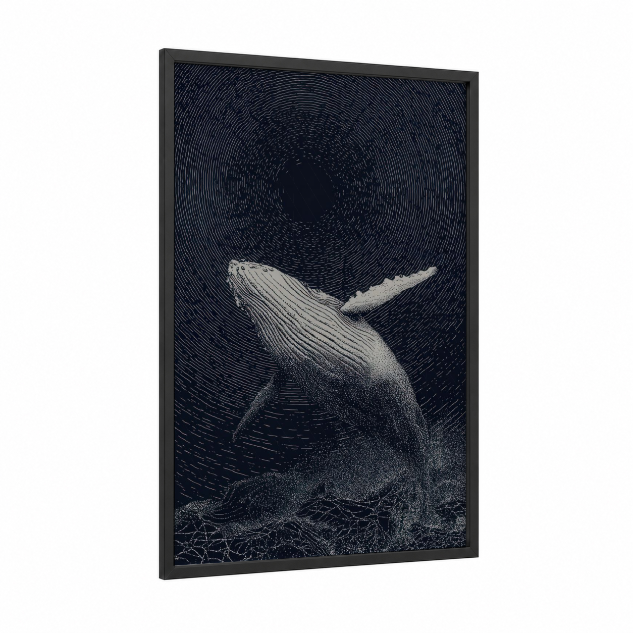 Celestial Humpback framed humpback whale print — black wood frame — black and white and dark blue palette