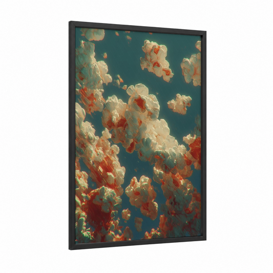 Dreamy Popcorn Sky framed art print — black wood frame — teal and gold palette