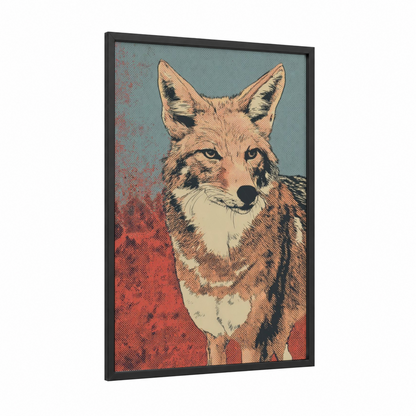 Desert Coyote framed art print — black wood frame — russet and cream palette