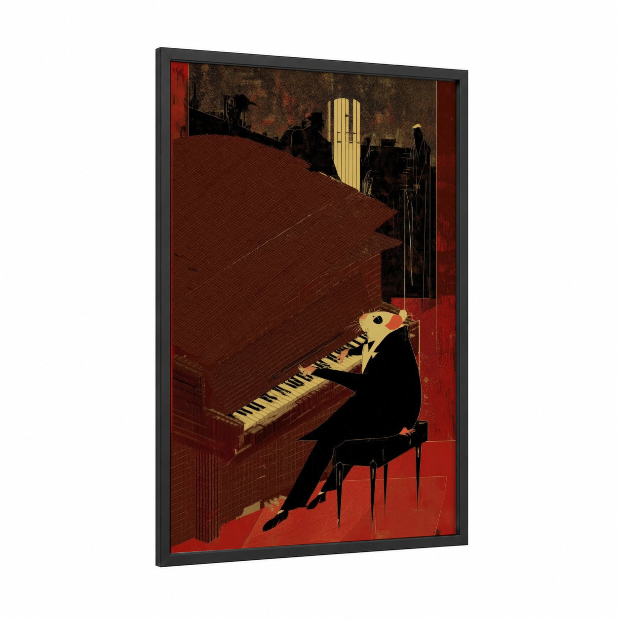 Jazz Hamster framed art print — black wood frame — maroon and gold palette