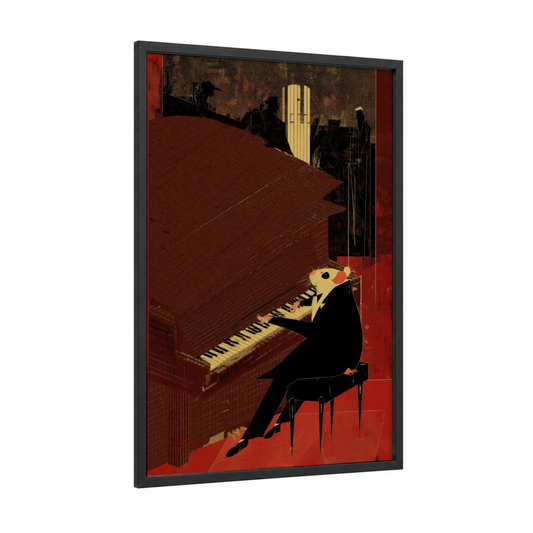 Jazz Hamster framed art print — black wood frame — maroon and gold palette