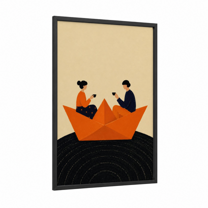 Couple in Paper Boat Wall Art framed art print — black wood frame — orange and beige palette
