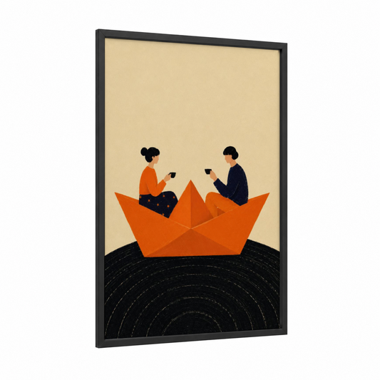 Couple in Paper Boat Wall Art framed art print — black wood frame — orange and beige palette
