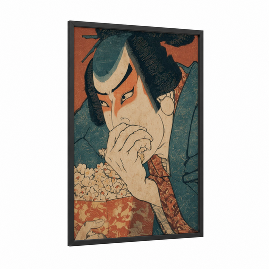 Kabuki Popcorn framed art print — black wood frame — teal palette