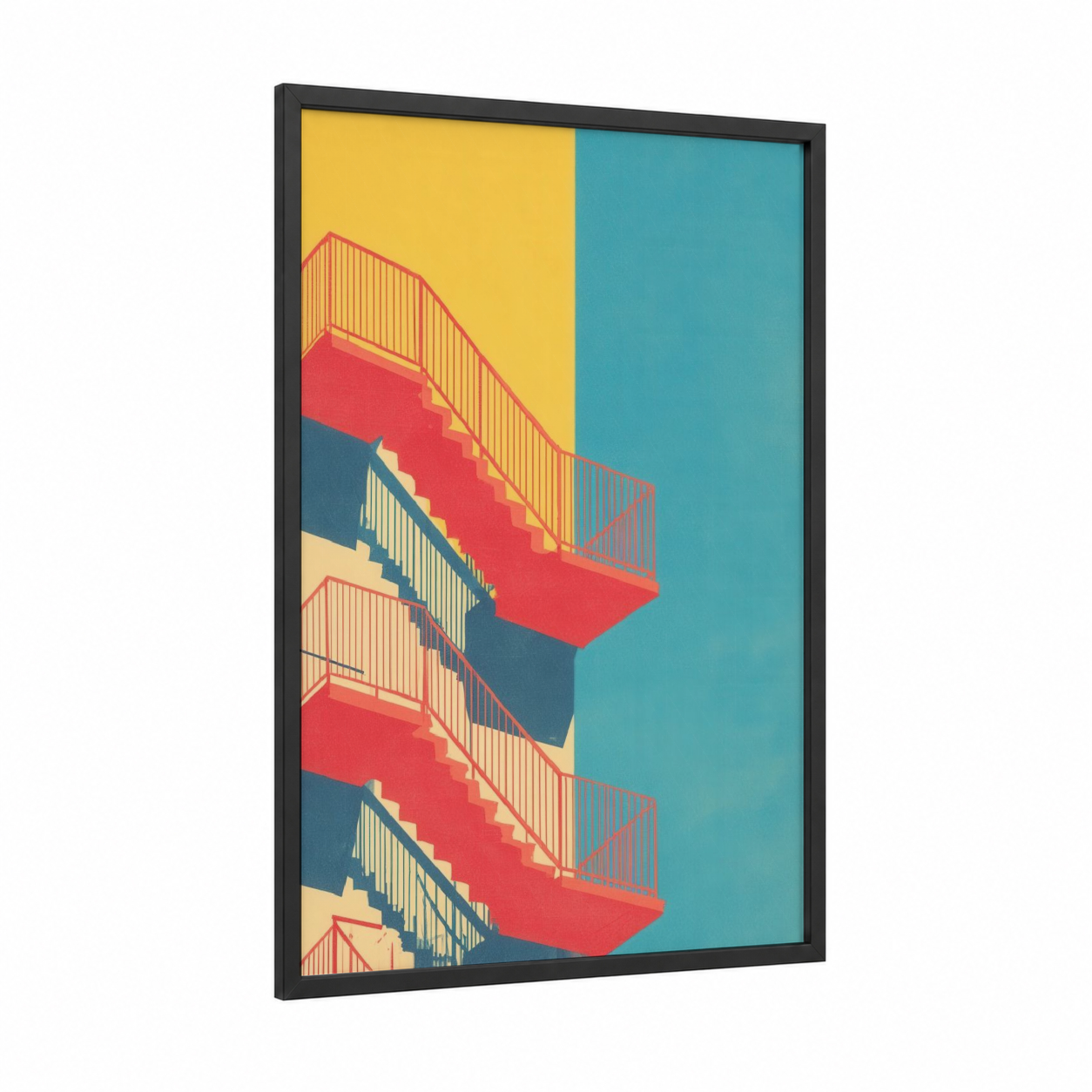 Crimson Staircase framed art print — black wood frame — red and teal palette