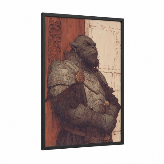 Armored Orc Warrior framed art print — black wood frame — russet and black and white palette