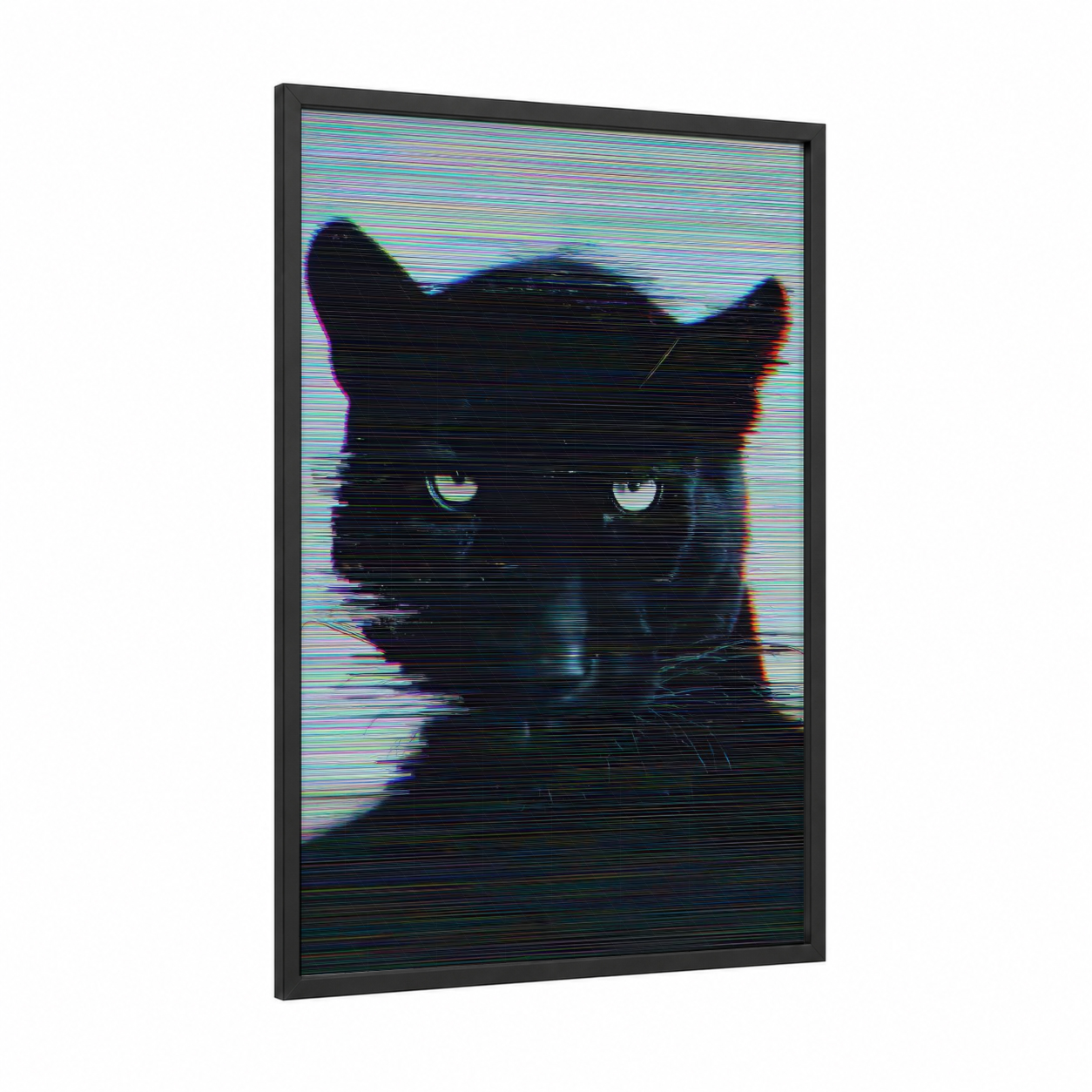 Glitch Panther framed art print — black wood frame — black and blue and black and pink palette