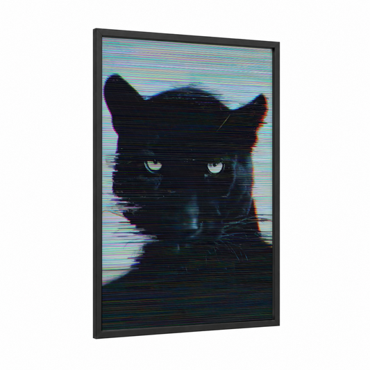 Glitch Panther framed art print — black wood frame — black and blue and black and pink palette