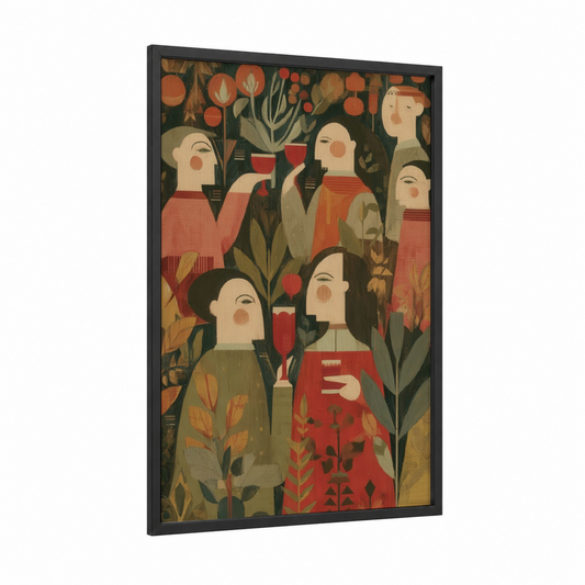 Wine Gathering Celebration framed red wine print — black wood frame — olive palette
