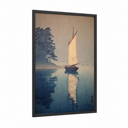 Morning Sailing Vessel framed sailing ship print — black wood frame — blue and gold and cream palette