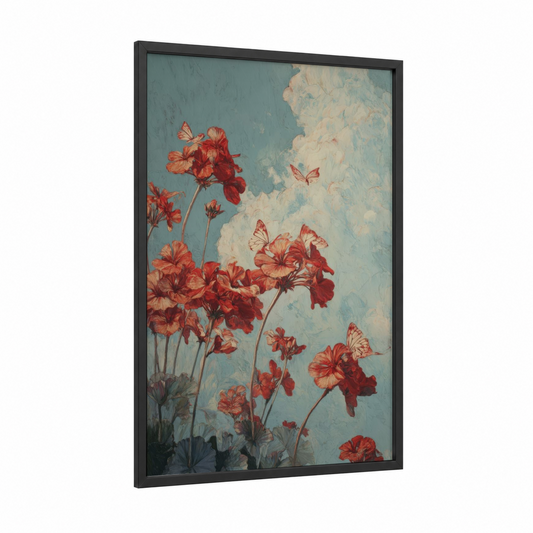 Crimson Geranium Sky framed art print — black wood frame — dove gray and red palette