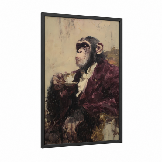 Genteel Monkey framed art print — black wood frame — maroon and cream palette