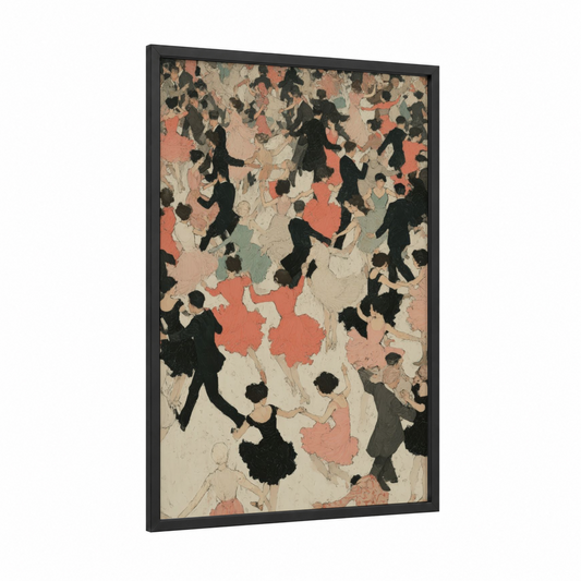 Energetic Swing Dance framed art print — black wood frame — cream and salmon pink palette