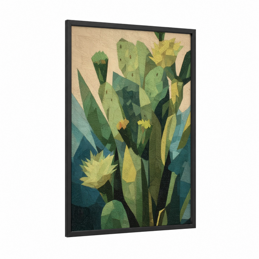 Desert Bloom Cactus framed art print — black wood frame — light green and beige palette
