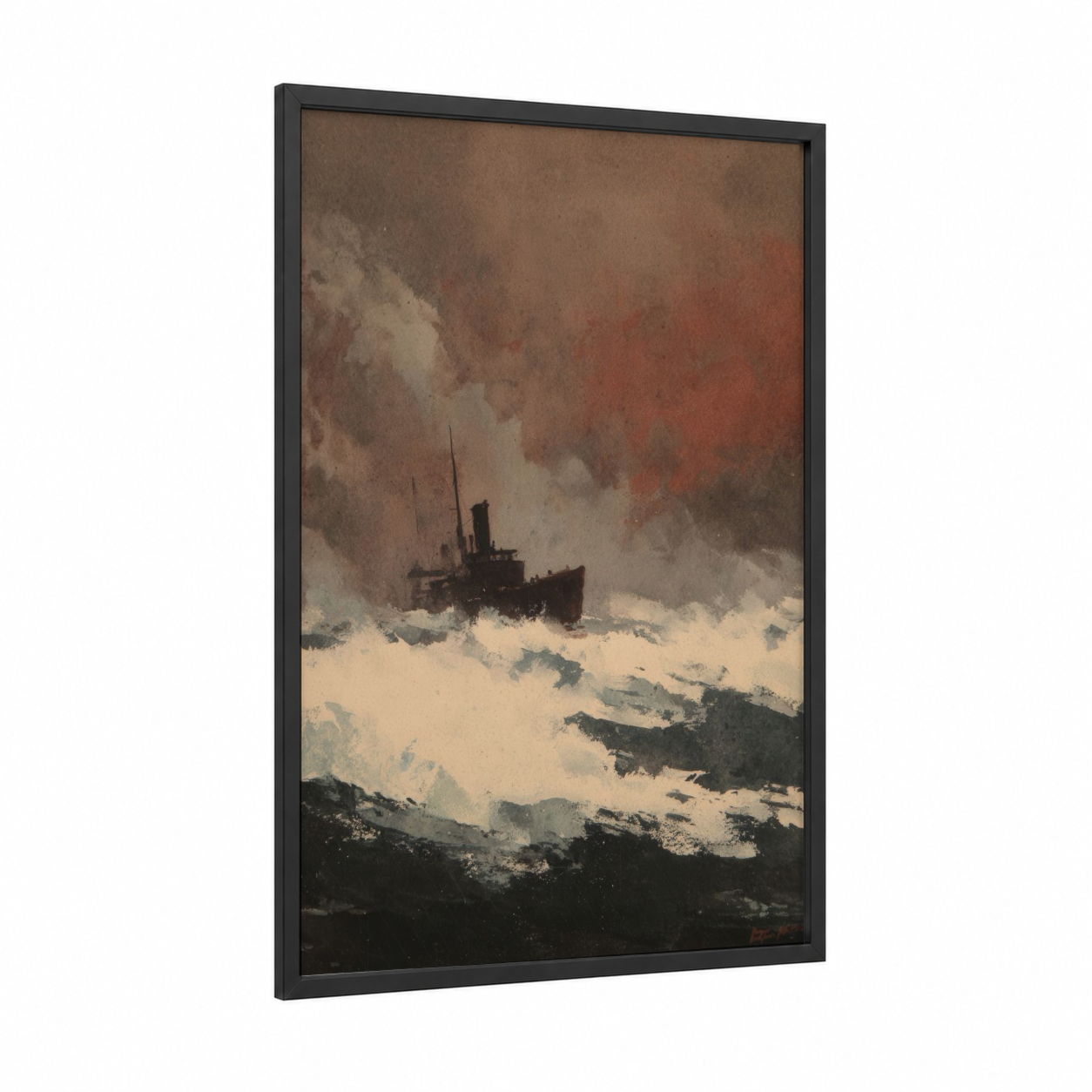 Storm Port framed art print — black wood frame — russet and cream palette