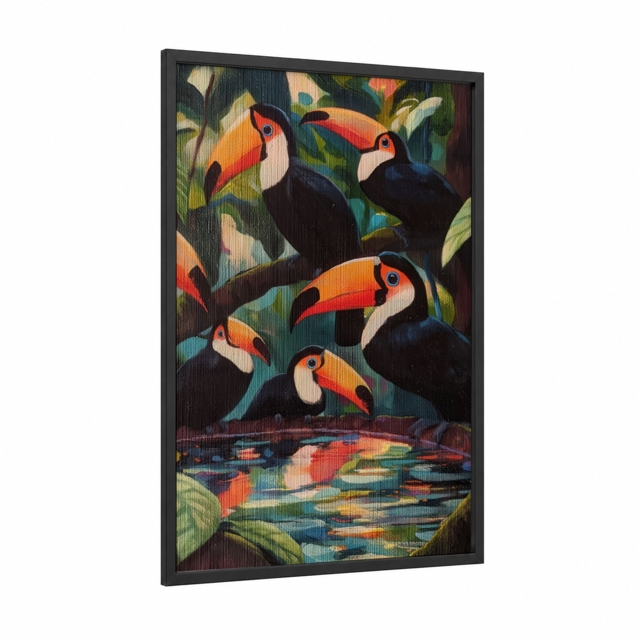 Tropical Toucan Pair framed art print — black wood frame — orange and dark green palette
