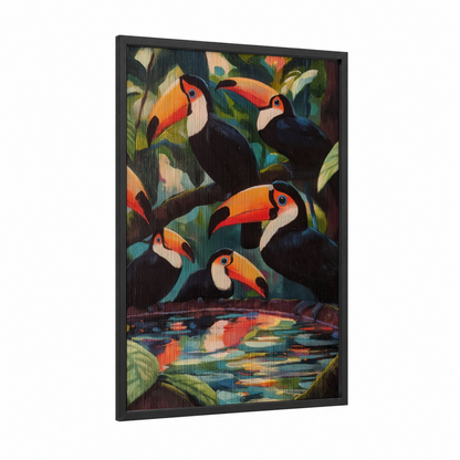 Tropical Toucan Pair framed art print — black wood frame — orange and dark green palette