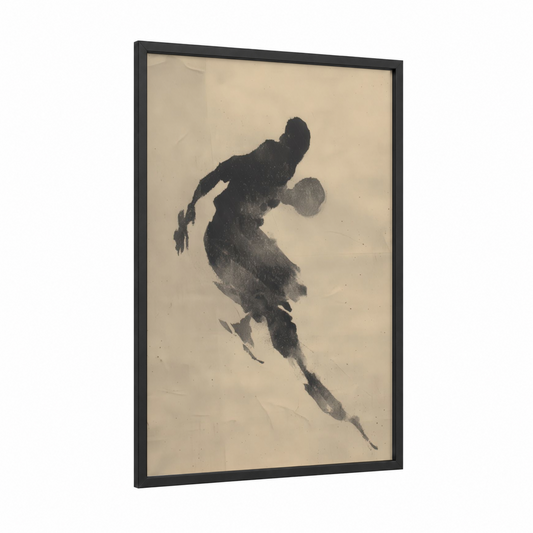 Leaping Athlete framed basketball print — black wood frame — black and white and cream palette