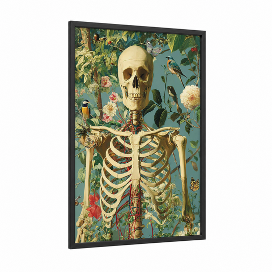 Garden Skeleton framed skull print — black wood frame — cream and dark green palette