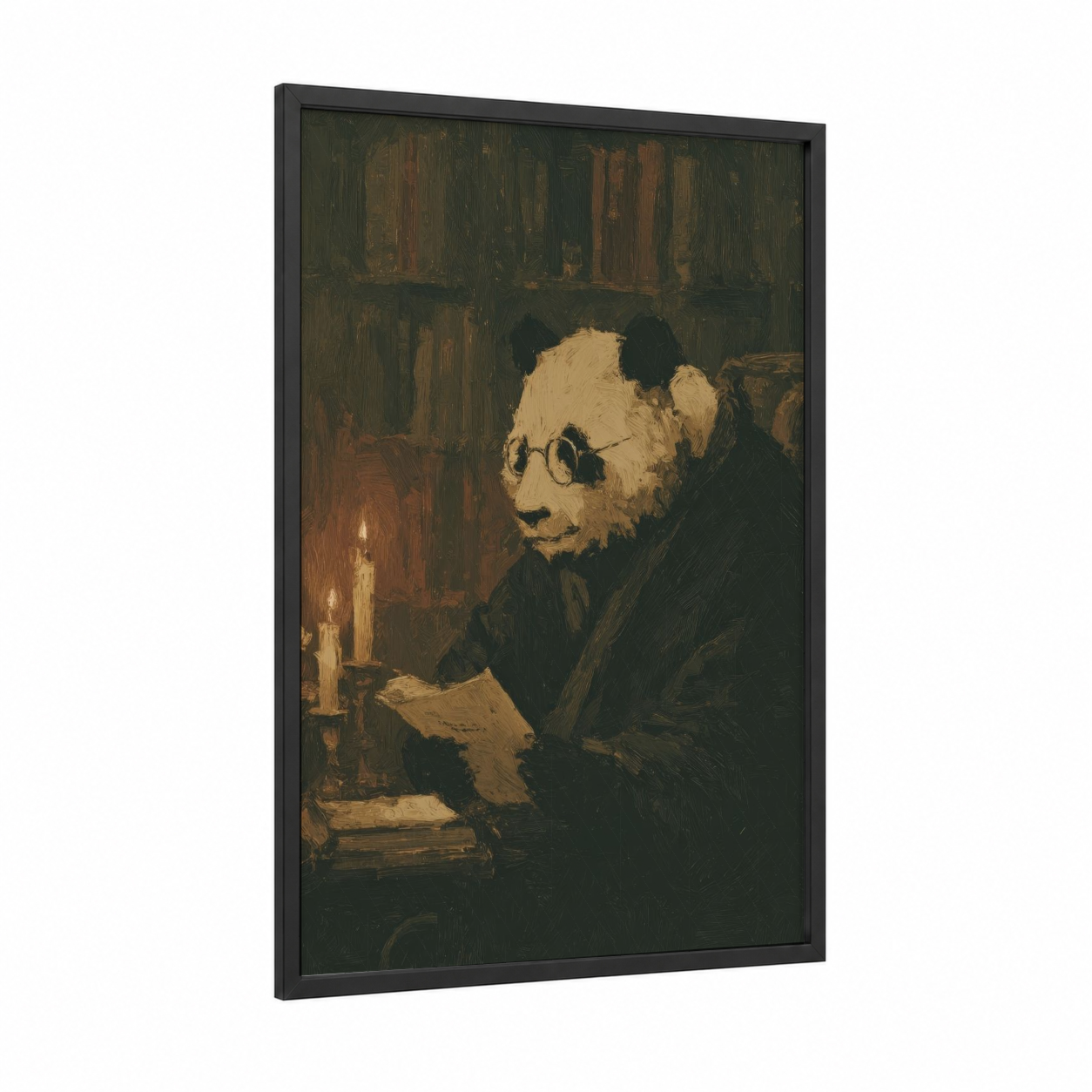 Scholarly Panda framed art print — black wood frame — brown and cream palette