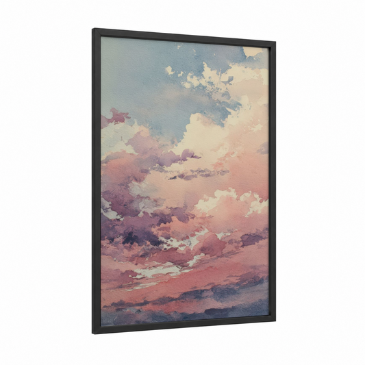 Dawn's Awakening framed morning sky print — black wood frame — pink and blue and white palette