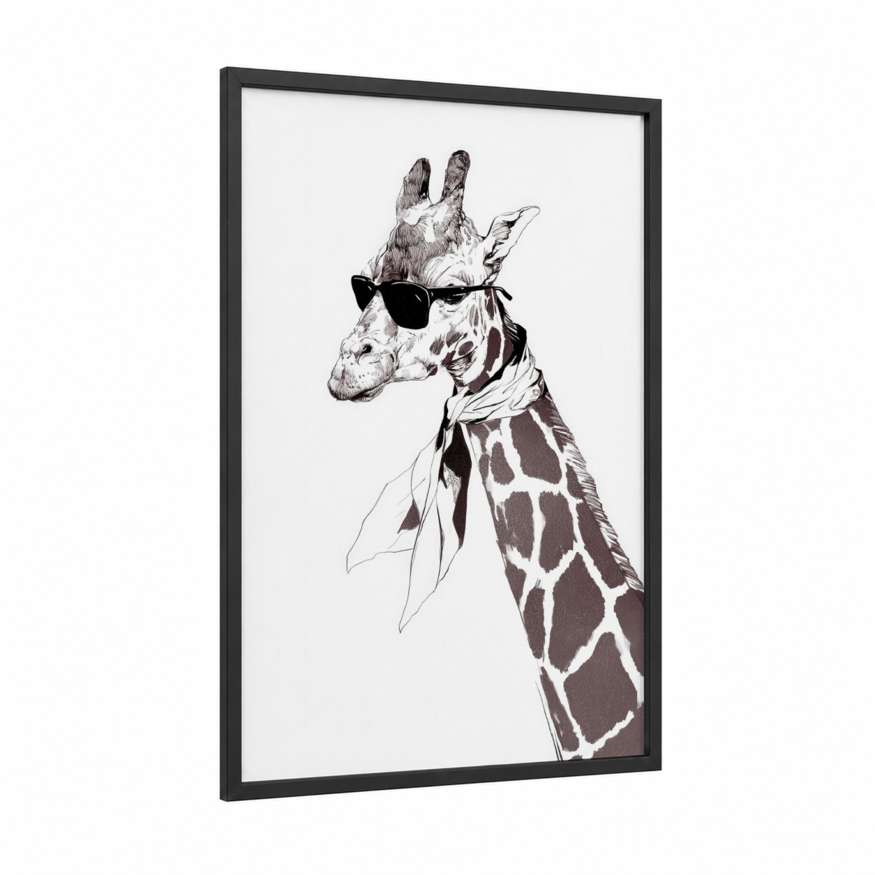 Cool Giraffe framed art print — black wood frame — black and white palette